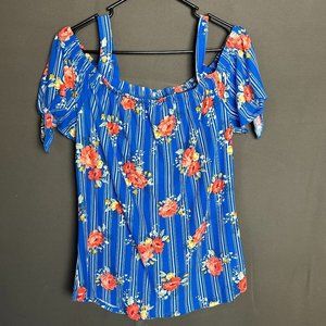 Bobbie Brooks Ladies Medium Cold Shoulder Blue Top Red Floral Size Medium (1451)